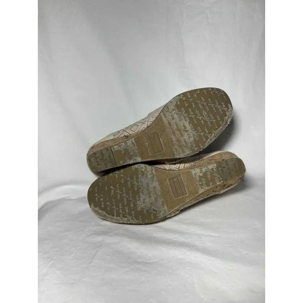 TOMS Tan Canvas Wedge Heel Shoes Open Peep Toe‎ Cork Heel Size 8 EUC S6